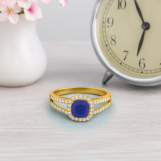 Blue Sapphire Cushion Solitaire with Accents Ring - 14k Yellow Gold–-1