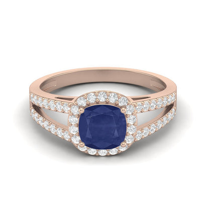 Blue Sapphire Cushion Solitaire with Accents Ring - 14k Yellow Gold–-4