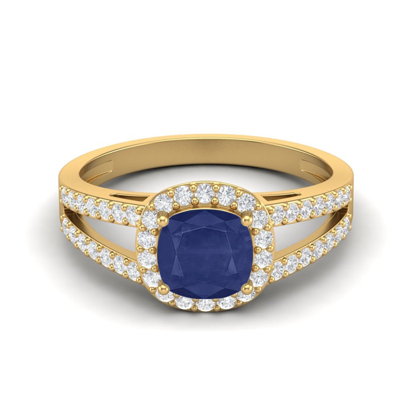 Blue Sapphire Cushion Solitaire with Accents Ring - 14k Yellow Gold–-0