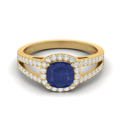 Blue Sapphire Cushion Solitaire with Accents Ring - 14k Yellow Gold–-0