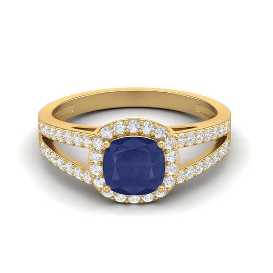 Blue Sapphire Cushion Solitaire with Accents Ring - 14k Yellow Gold–-0