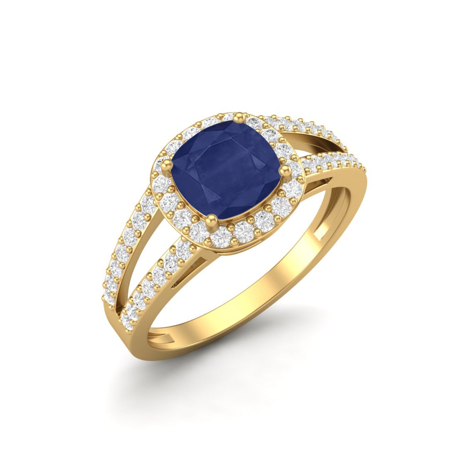Blue Sapphire Cushion Solitaire with Accents Ring - 14k Yellow Gold–-3