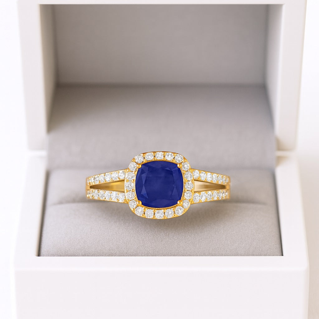 Blue Sapphire Cushion Solitaire with Accents Ring - 14k Yellow Gold–-2